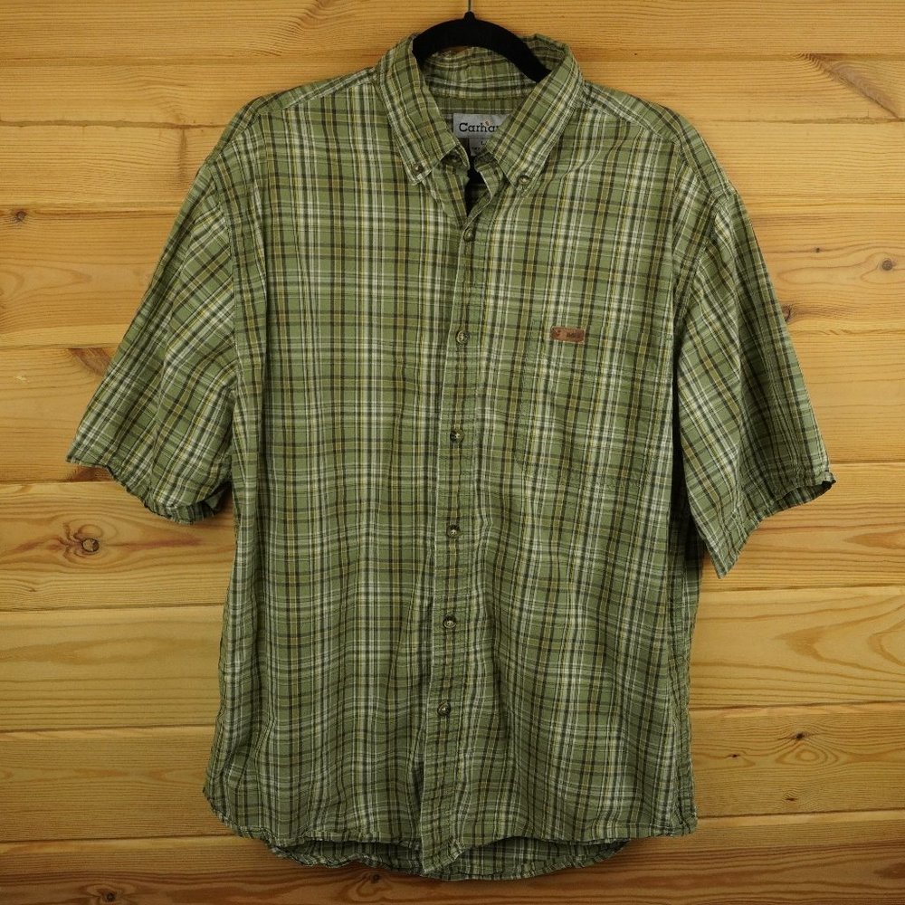 Carhartt Green Plaid Short Sleeve‎ Button Up Shirt Size Large